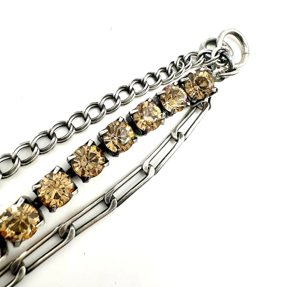 Champagne Rhinestone Link Bracelet 3 Chains Silver tone retro Cocktail Jewelry